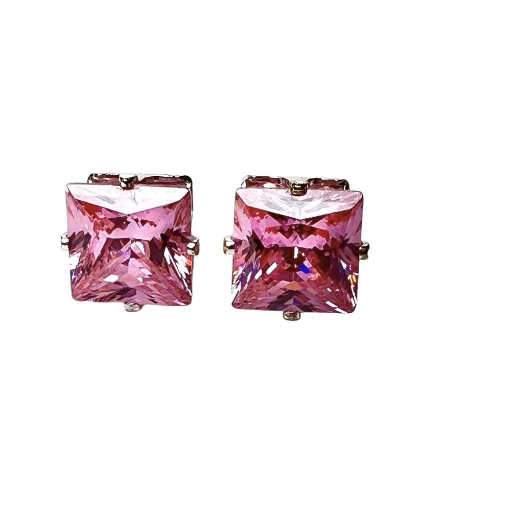 Stud Earrings Pink Faceted Glass Translucent Square Pierced Fashion Sparkly Vtg